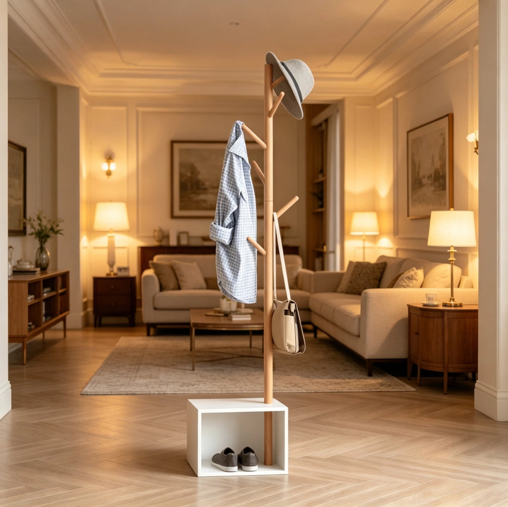 Porta abiti con panca rettangolare in MDF e bambù 40x30x180 cm bianco e bambù