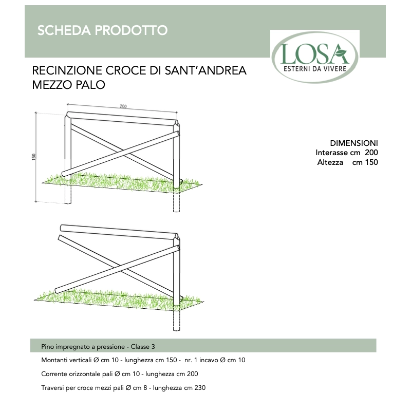 Recinzione in legno Croce di SantAndrea 20 pezzi palo pieno lunghezza 200 cm per giardino - Esterni da Vivere