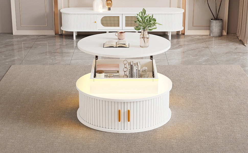 TAVOLO da caffè regolabile in altezza 75x75x52 cm MDF bianco con LED e contenitore