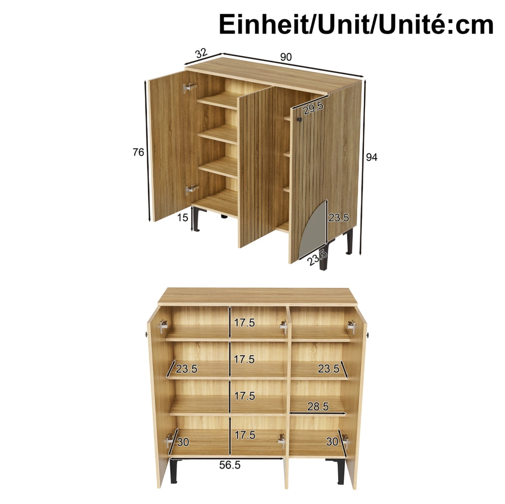 Scarpiera moderna 90x32x94 cm in effetto legno con ante; ripiani interni e gambe nere