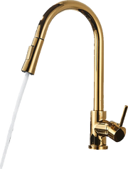 JANA | Rubinetto da cucina estraibile Premium in acciaio inox oro lucido miscelatore arco alto | gastro alta pressione ruotabile a 360° 2 attacchi