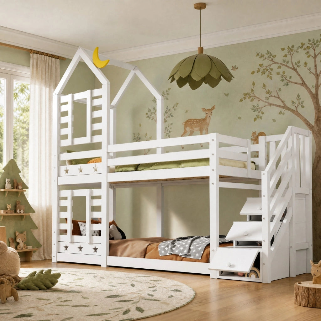 Letto a castello per bambini con cassetti e scala contenitore, 90 x 200 cm, bianco, con reti a doghe