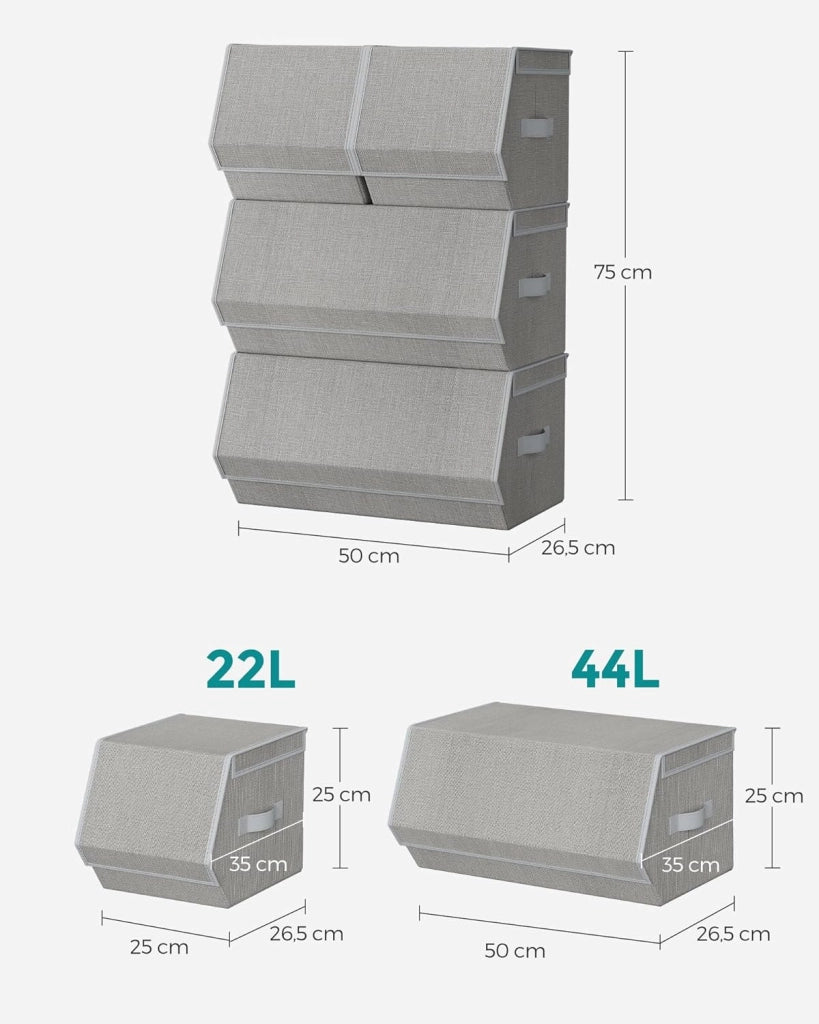 SONGMICS Set di 4 Scatole con Coperchio, Organizzatori Impilabili per Armadi, Contenitori con Chiusura Magnetica, Scatole in Tessuto, Struttura in Metallo, per Libri Vestiti, Grigio Tortora RLB022W01