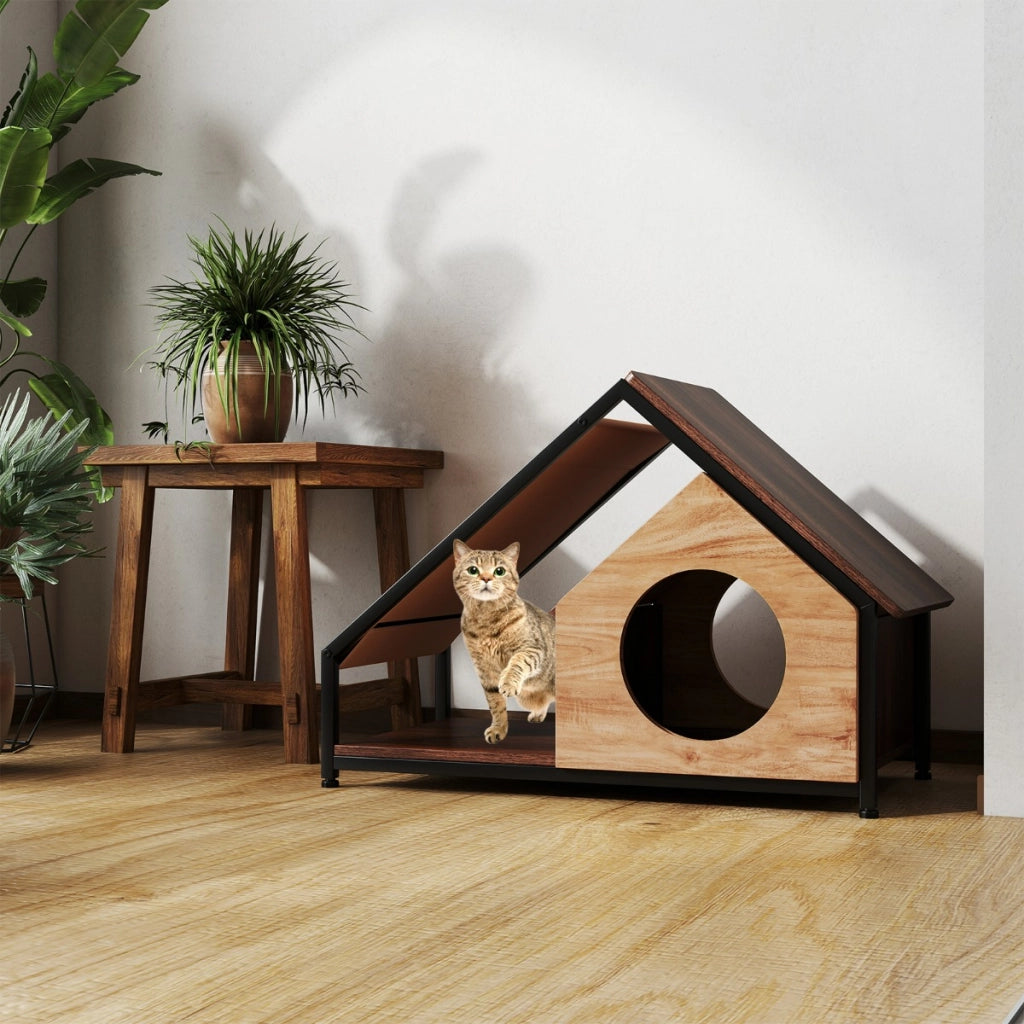 Casetta in legno per gatti da interno con veranda e stile industriale, Tetto inclinato staccabile e struttura in metallo-Lettini e divanetti