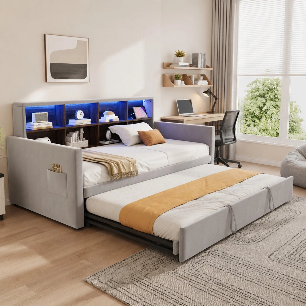 Letto imbottito estraibile 90x190 cm con testiera contenitore, luci LED, prese di ricarica e rete a doghe, colore grigio chiaro