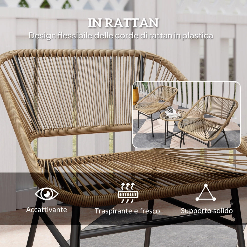 Set da Giardino 3 Pezzi 2 Sedie e Tavolino con Piano in Vetro in Rattan PE Legno Naturale  Beige e Nero