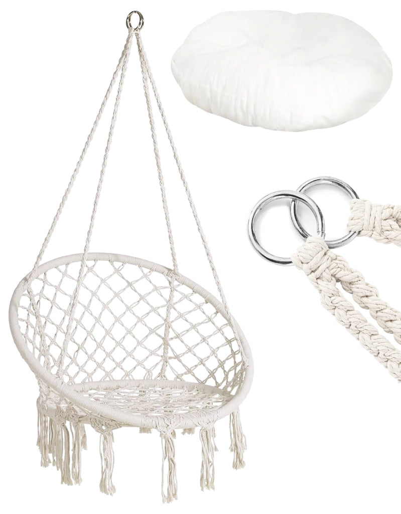 Sedia Sospesa ad Altalena Lavorata a maglia con Corda in Cotone Frange Macrame Naturale