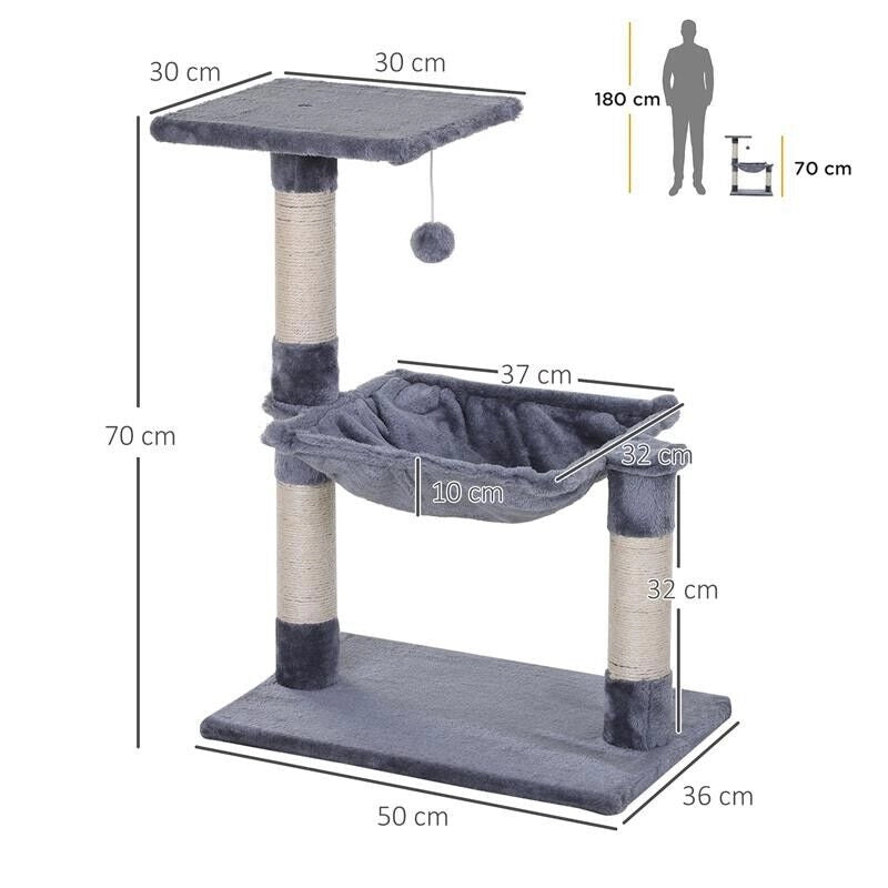 TIRAGRAFFI PER GATTI MULTILIVELLO CON AMACA E PALLINA, LEGNO E PELUCHE, 50X36X70CM, GRIGIO