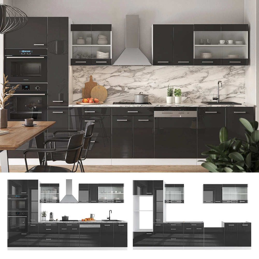 Mobile da cucina R-Line Antracite lucido/Bianco 350 cm con armadio alto, PL Antracite Vicco