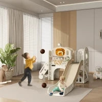 Struttura di gioco per bambini, scivolo 7 in 1, parco giochi interno con spazio di archiviazione e tunnel rampicante, 186x153x111 cm, Bianco crema
