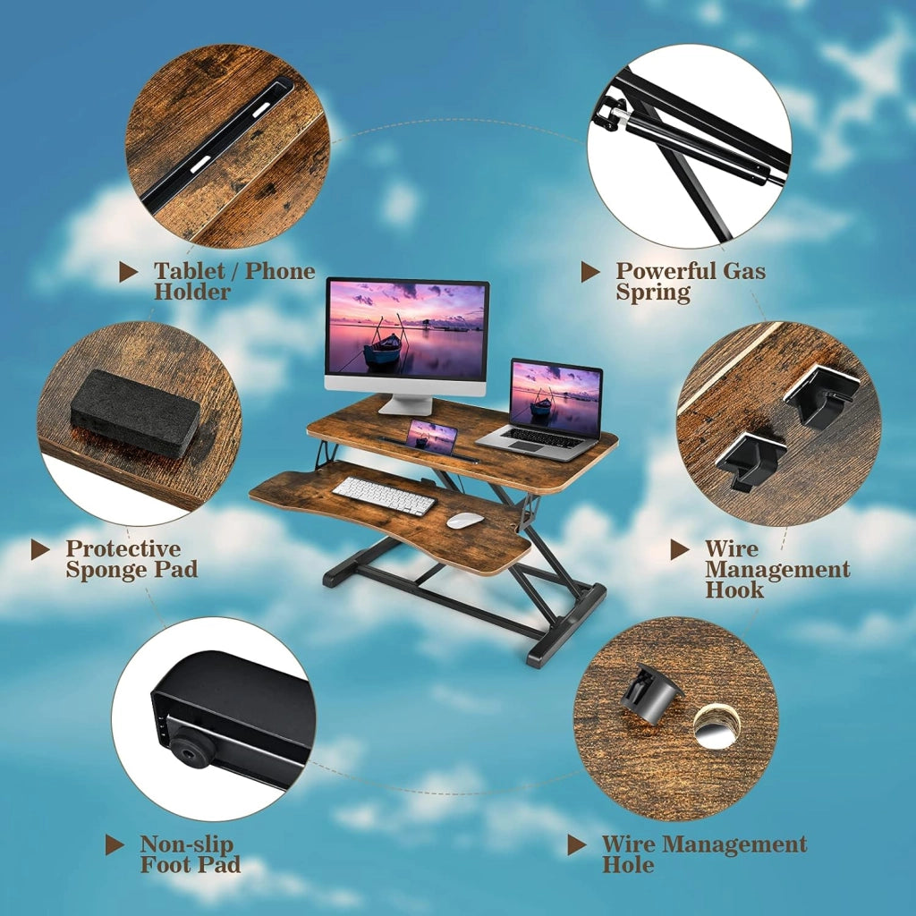 Convertitore da Scrivania, PC Convertitore Seduto-in Piedi, Regolabile in Altezza tra 11-50,5 cm, 2 Ripiani per Schermi di Computer, Tastiere e Laptop, Marrone