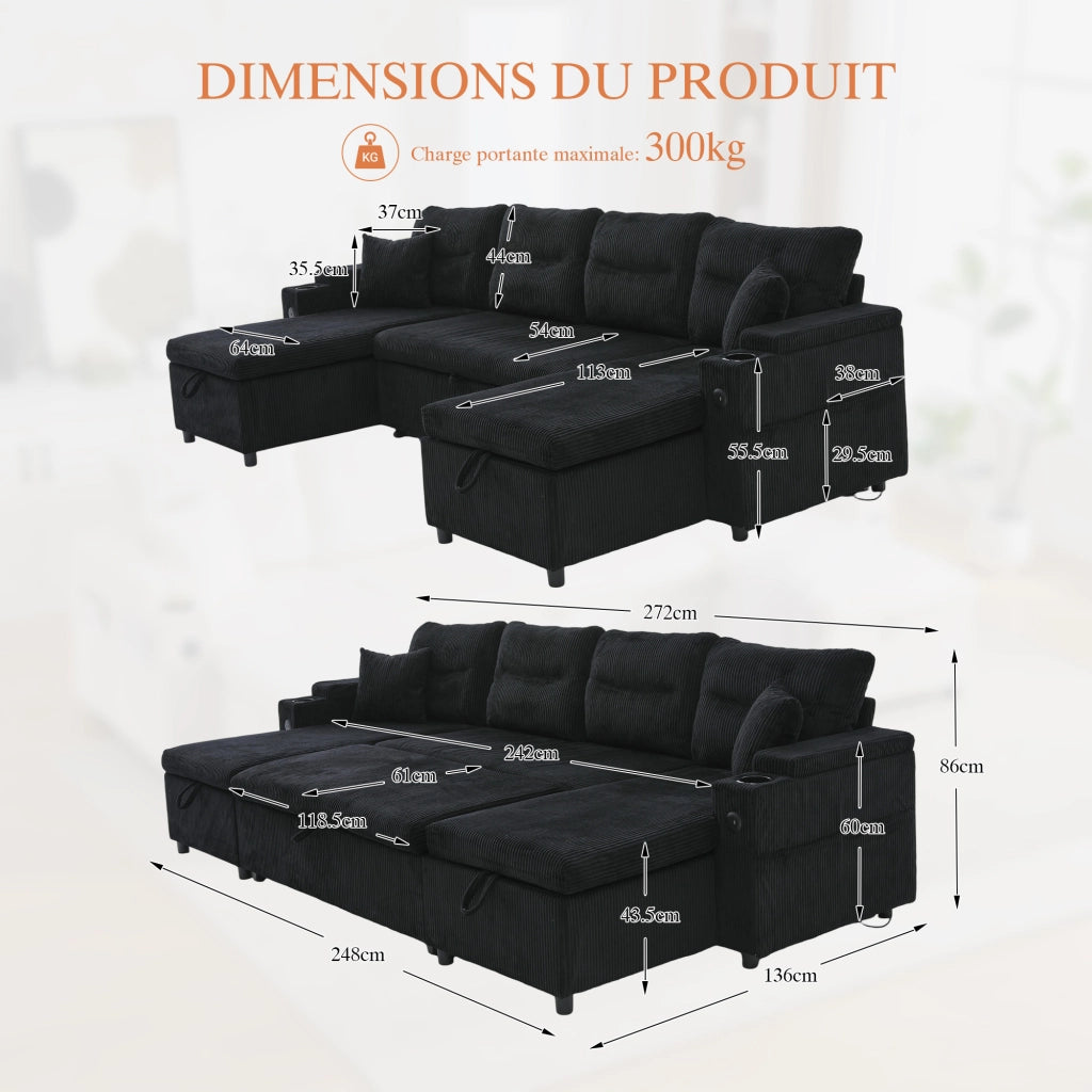 Divano a 4 posti con doppia chaise longue; contenitore; portabicchieri e USB Type-C; nero