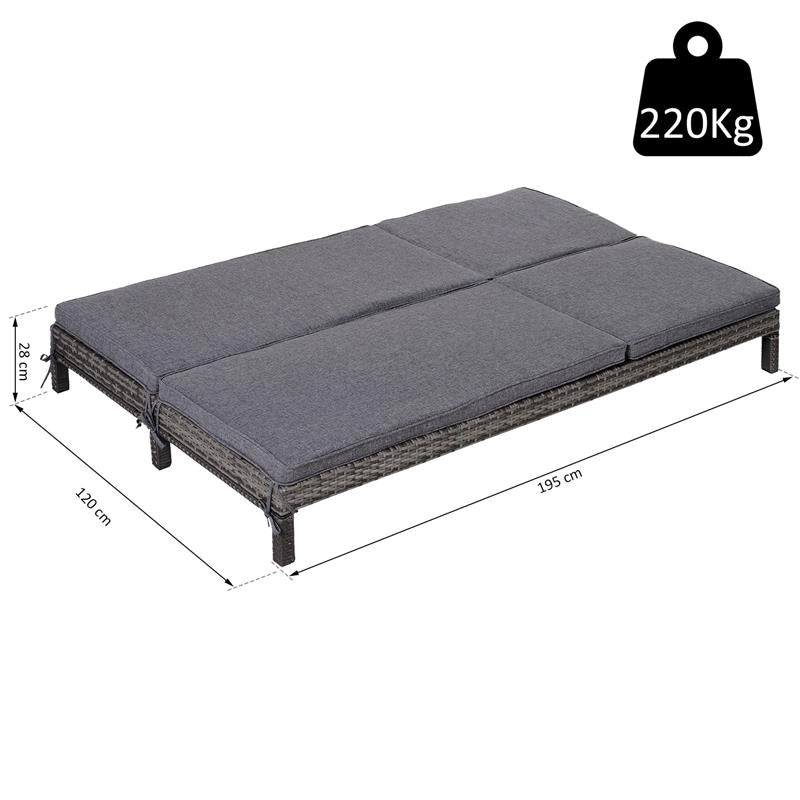 LETTINO PRENDISOLE A 2 POSTI E RATTAN CON MATERASSINO 195 X 120 X 28 CM GRIGIO