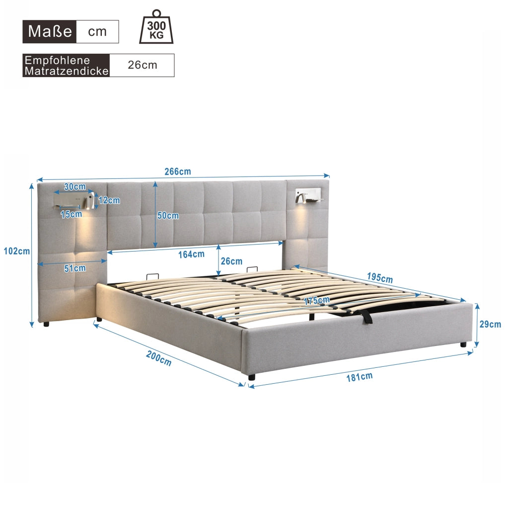 Letto matrimoniale imbottito 180x200 cm con sollevamento idraulico; USB; ricarica wireless e luce; grigio