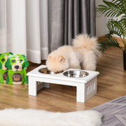 Scaffale con due ciotole rialzate in MDF e acciaio inox bianco per acqua e cibo per cani 58,4 × 30,5 × 25,4 cm