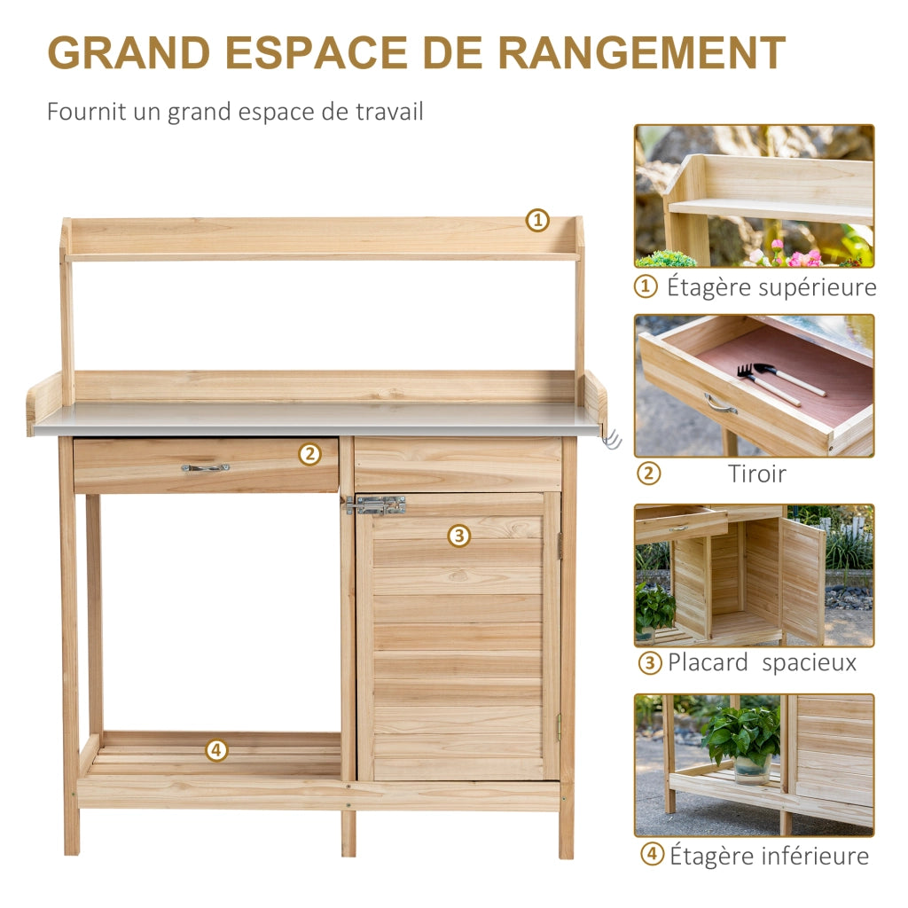 Tavolo da giardinaggio con ripiani e cassetti ¨C zephmum ¨C legno di abete