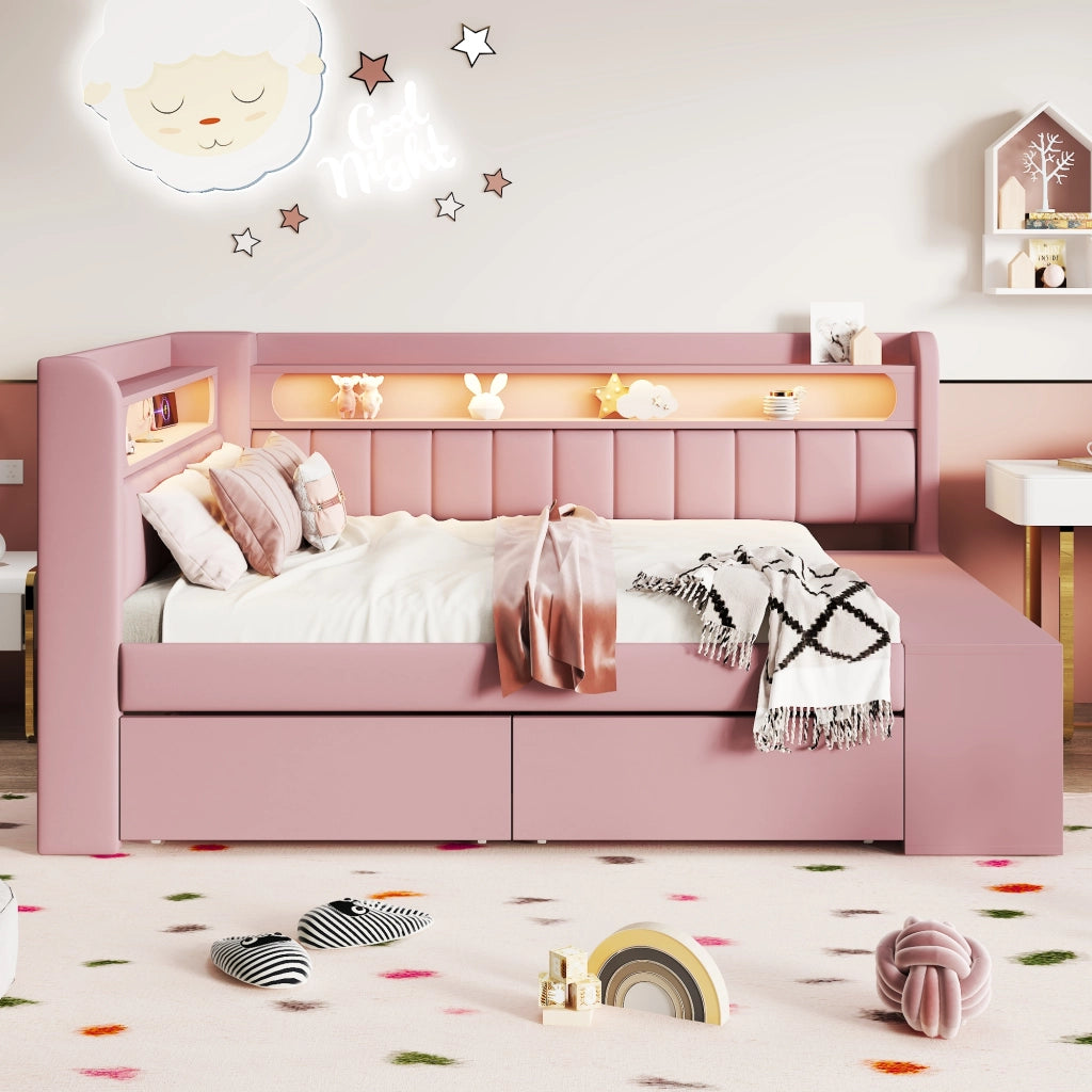 Letto a Divanetto 90x200 cm con USB; LED; 2 Cassetti e Scarpiera; Imbottito - Rosa