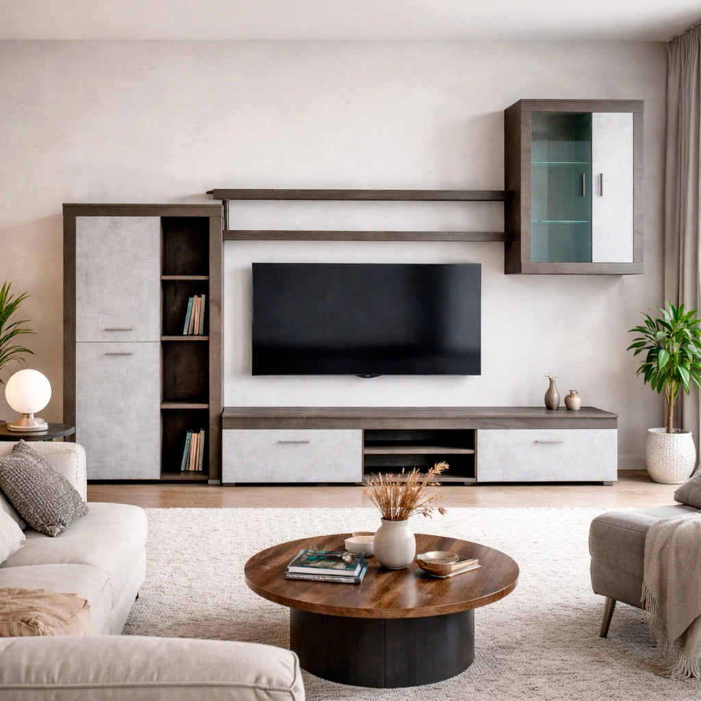 Parete Attrezzata Moderna Per Salotto Soggiorno Con Vetrinetta Ante Mensole Vani A Giorno Mobile TV Design Moderno Moduli Sospesi 293 X 193 X 50 Cm Ossido E Grigio Cemento