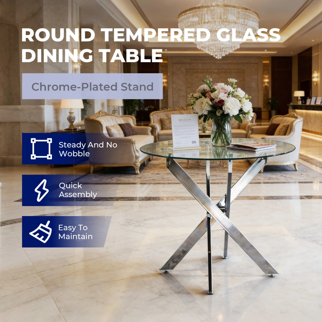 Tavolo da pranzo rotondo con piano in vetro e gambe incrociate in metallo per cucina e soggiorno 80×80×75 cm