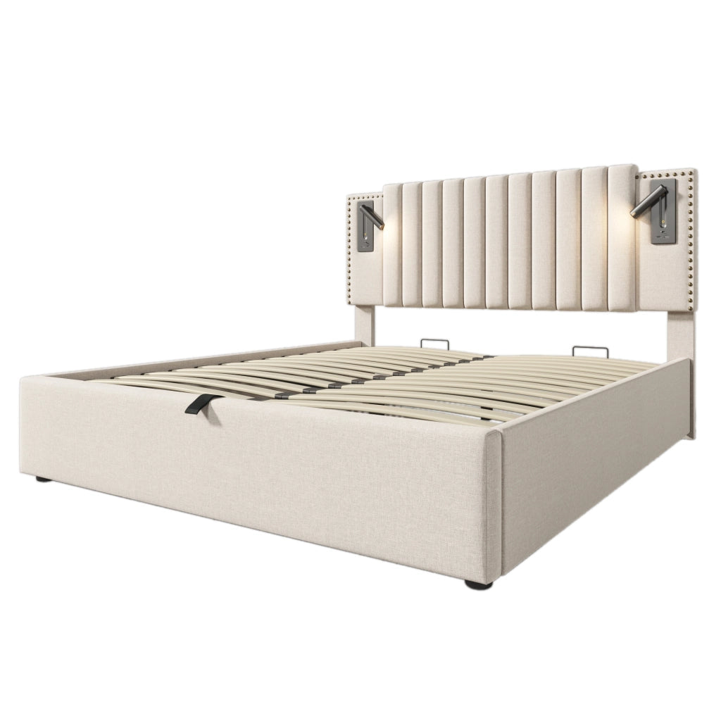 Letti contenitori 140x200 cm; testiera regolabile con luce e USB; cotone beige (Senza materasso)