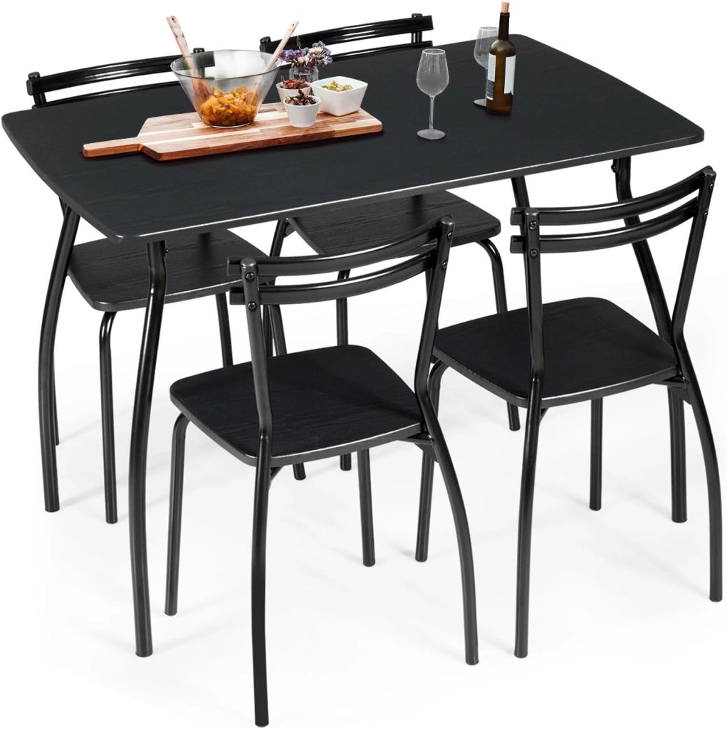 Tavolo da Pranzo con 4 Sedie, Set Tavolo e 4 Sedie da Sala da Pranzo in Metallo con Schienale Curvo Ergonomico e Piedi, Antiscivolo, per Casa, Soggiorno, Cucina, Nero