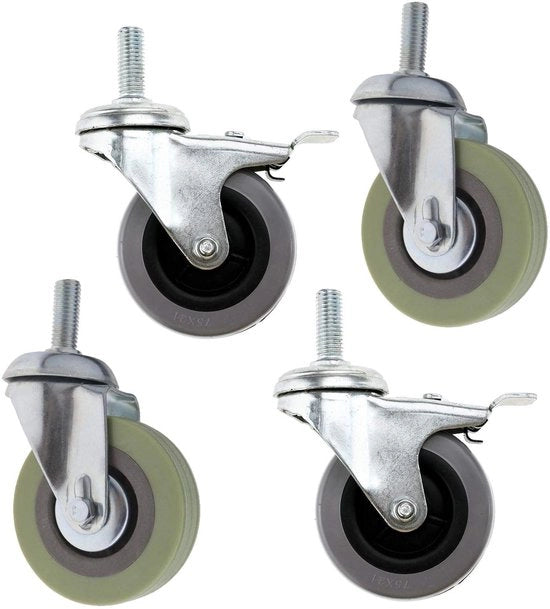Set di ruote da 4 - 75mm ruote in PU - Ruote inclinabili con freno - Ruote rotanti - Resistenti agli urti - Capacità di carico 50 kg - Castelli rotanti