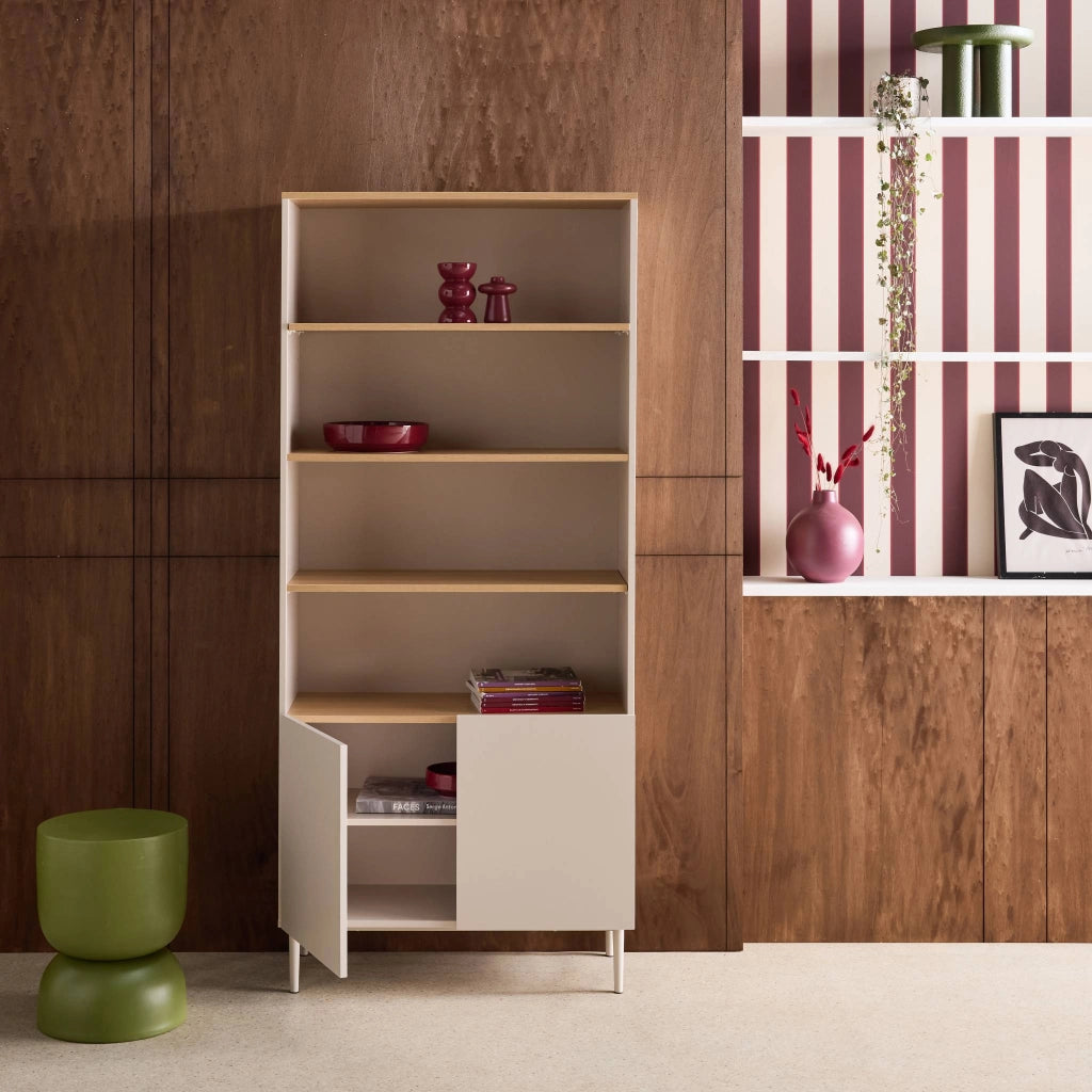 Libreria in metallo e decorazione in legno a 6 livelli, beige