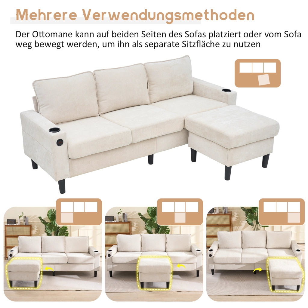 OKWISH Divano ad Angolo con USB e USB-C, Portabicchieri e Tasche Laterali, Pouf Modulare, Lino Beige 202 x 137 x 80 cm