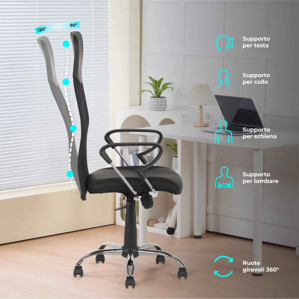 Sedia Presidenziale da Ufficio Ergonomica in Ecopelle e Rete Traspirante, Schienale Alto con Supporto Lombare, Altezza Regolabile, Base Cromata e Ruote 360