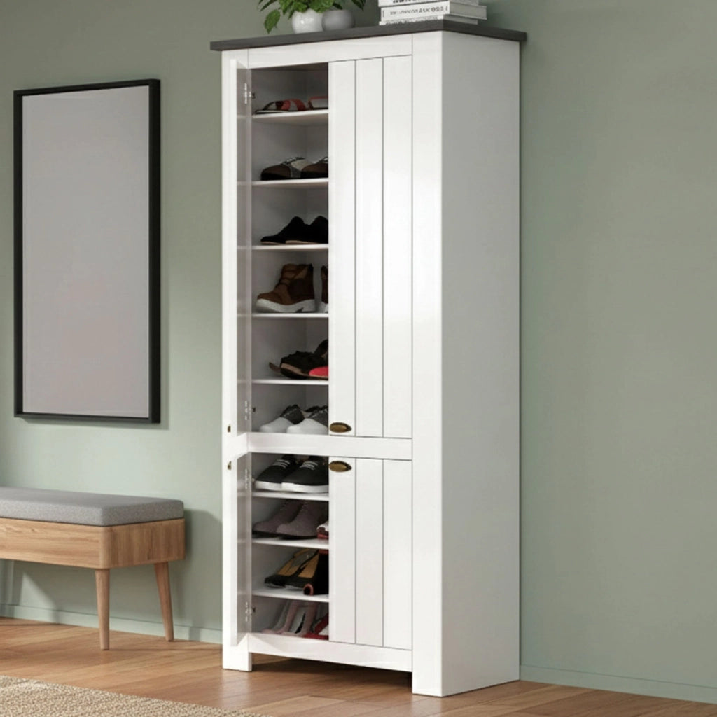 Scarpiera Shirley, Porta scarpe salvaspazio a 4 ante, Armadio multifunzione da ingresso, 84x42h200 cm, Bianco e Ardesia