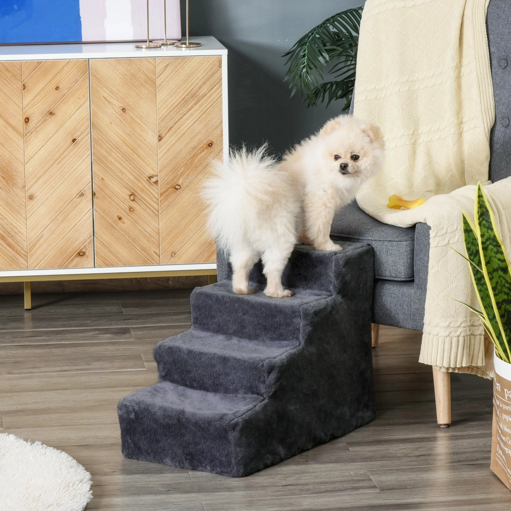 Scaletta per Cani 4 Gradini Portatile ¨C Zephmum ¨C Grigio Tessuto Vellutato Legno 60x35x44 cm