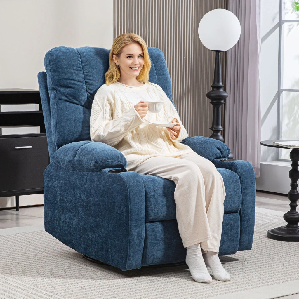 Poltrona relax girevole e basculante con funzione reclinabile, portabicchieri e rivestimento effetto lino blu