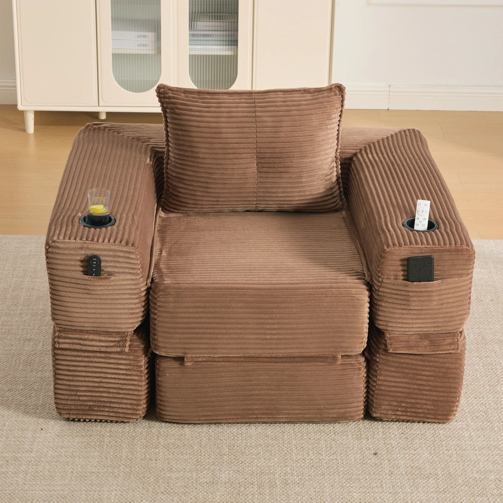 Divano Letto Pieghevole in Tessuto a Coste ¨C MINIMAL ¨C con Tasche Laterali, Braccioli, Portabicchieri