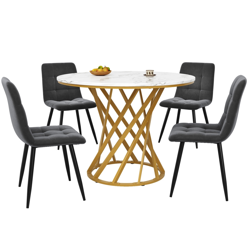 Tavolo da pranzo per 4 persone con 4 sedie in velluto, piano rotondo effetto marmo, in metallo, per cucina, diametro 80 cm