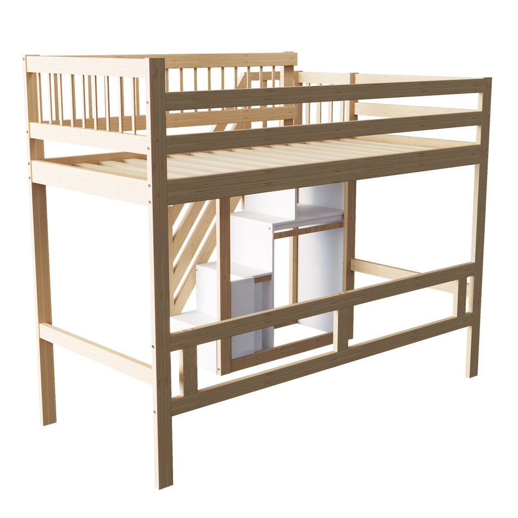 Letto singolo in legno massello naturale con scala e contenitori integrati 90x200 cm