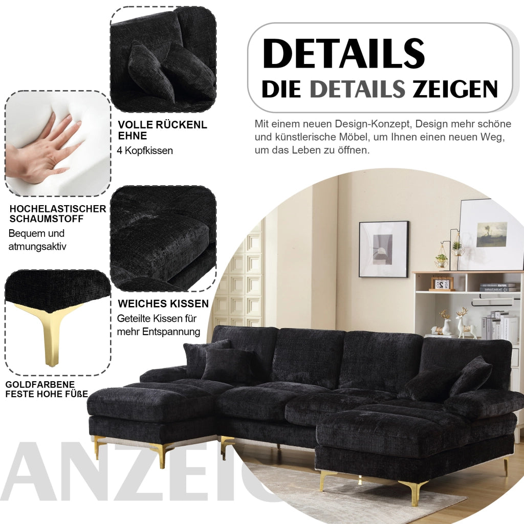 OKWISH Divano Panoramico a U, con 2 Chaise Longue, 4 Cuscini Schienale e 2 Cuscini, Ciniglia, Nero