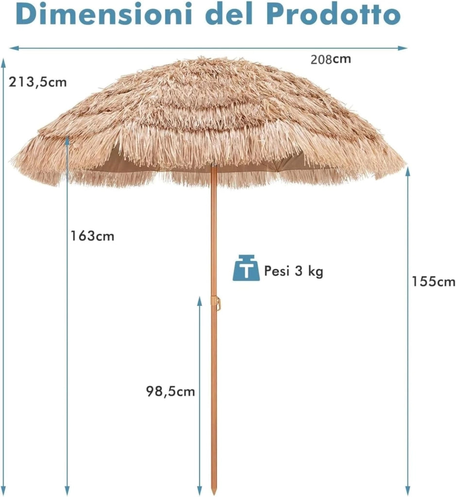 Ombrellone di Paglia in PP 208 cm, Ombrellone da Spiaggia Pieghevole, Parasole Hawaiano con Inclinabile in Metallo, Resistente all'Acqua e al Sole, per Spiaggia Giardino Balcone