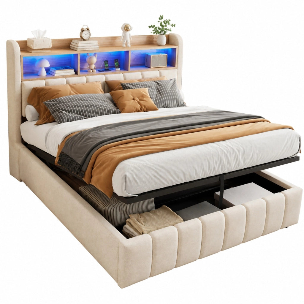 Letto imbottito 180x200 cm con LED regolabili, contenitore idraulico e porte USB