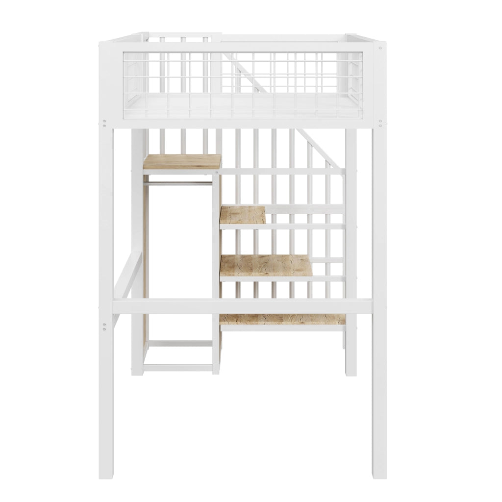 LETTO A CASTELLO 90x200 cm in metallo bianco con scala e armadio
