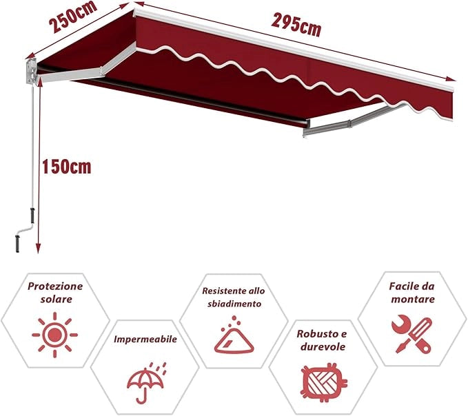 Tenda da Sole per Esterno Avvolgibile, Tenda da Sole a Bracci Estensibili con Telaio in Alluminio e Tettuccio Resistente al Sole e Impermeabile e Manovella (295 x 250 cm,Rosso)
