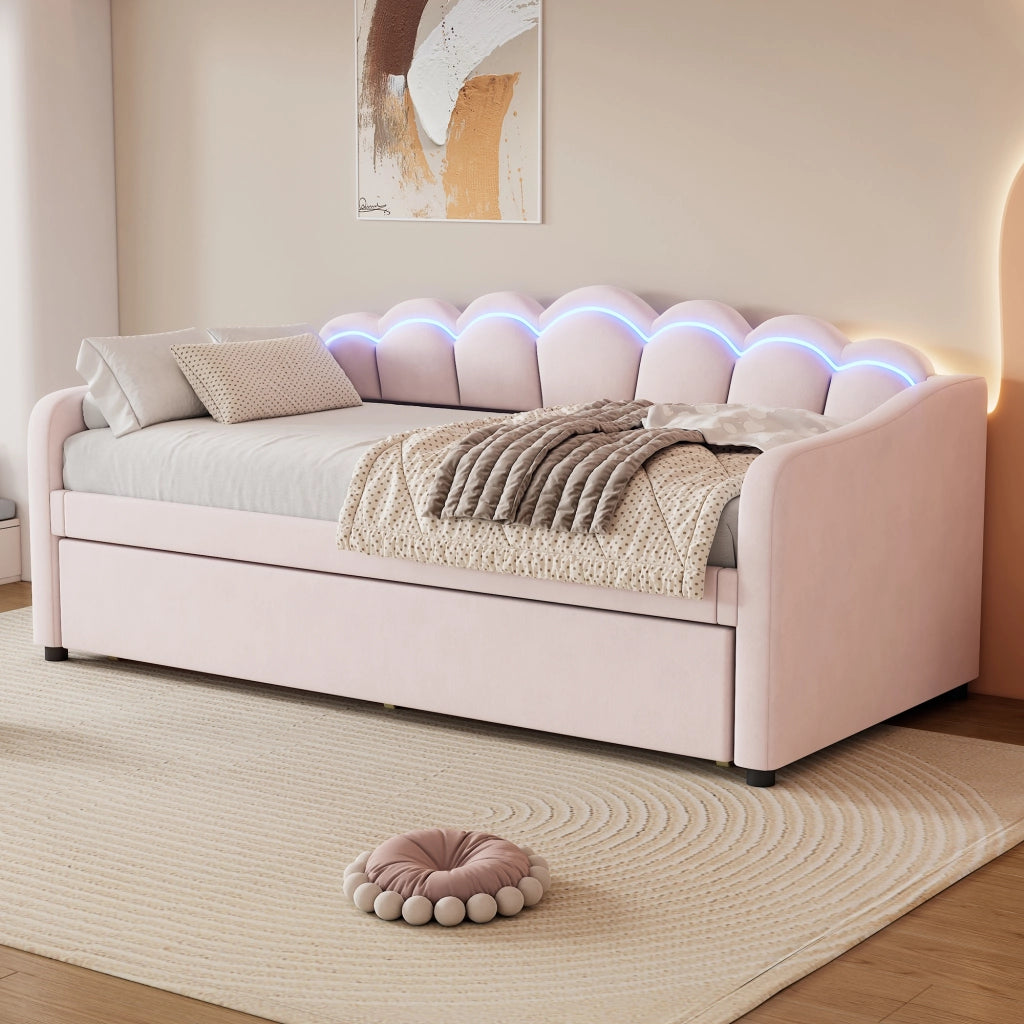 Letto estraibile singolo 90×200 cm con LED regolabile e rete; senza materasso; velluto; rosa