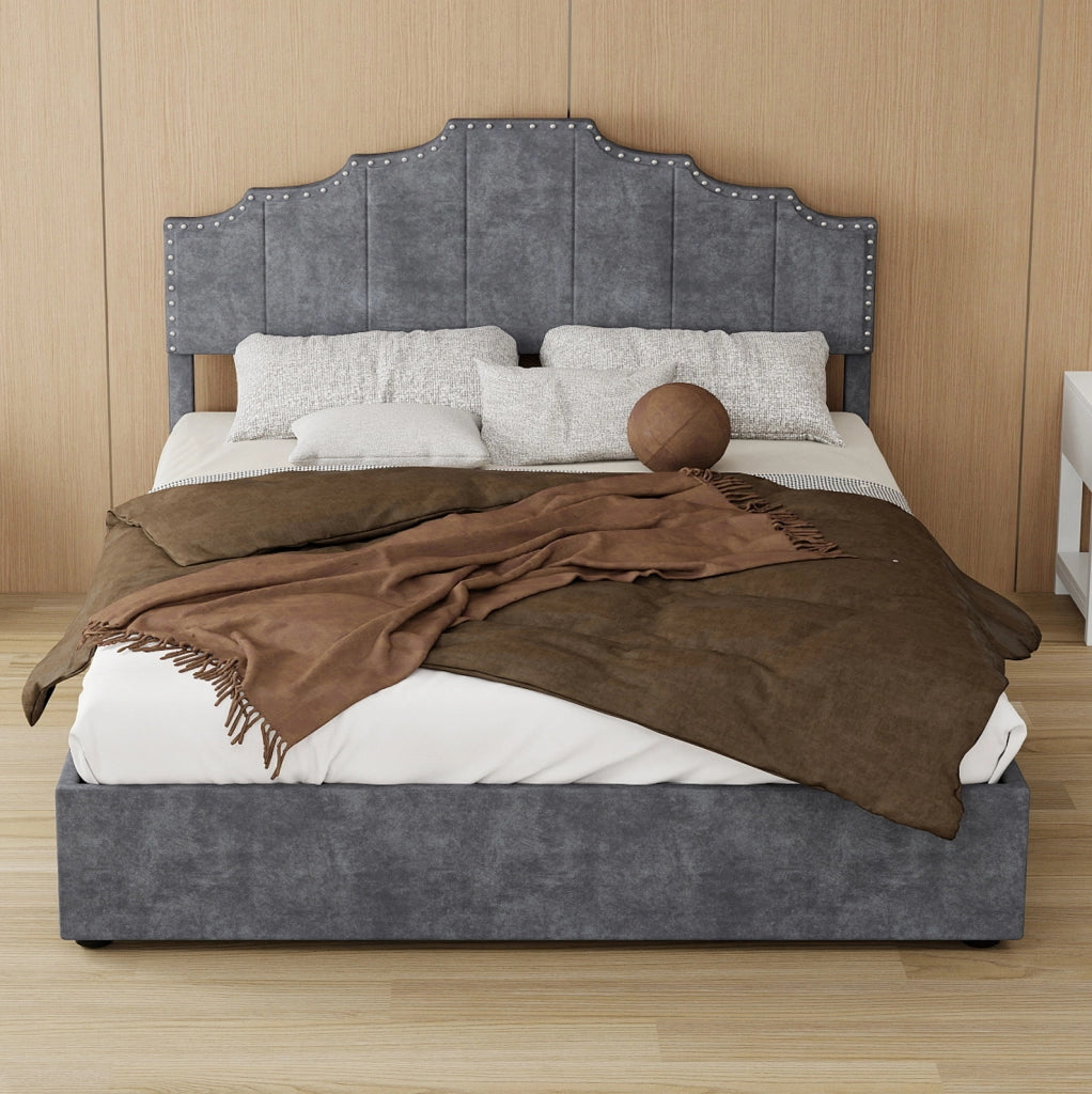 Letto imbottito 140x200 cm con testiera geometrica in velluto grigio