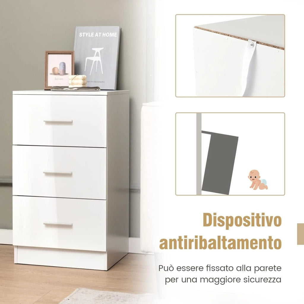 Cassettiera a 3 Cassetti, Comodino Cassettiera in legno, Comodino Moderno con Cassetti per Soggiorno, Camera da Letto, Corridoio, Ufficio, 37 x 34 x 66,5 cm (Bianco, 2 Pezzi)
