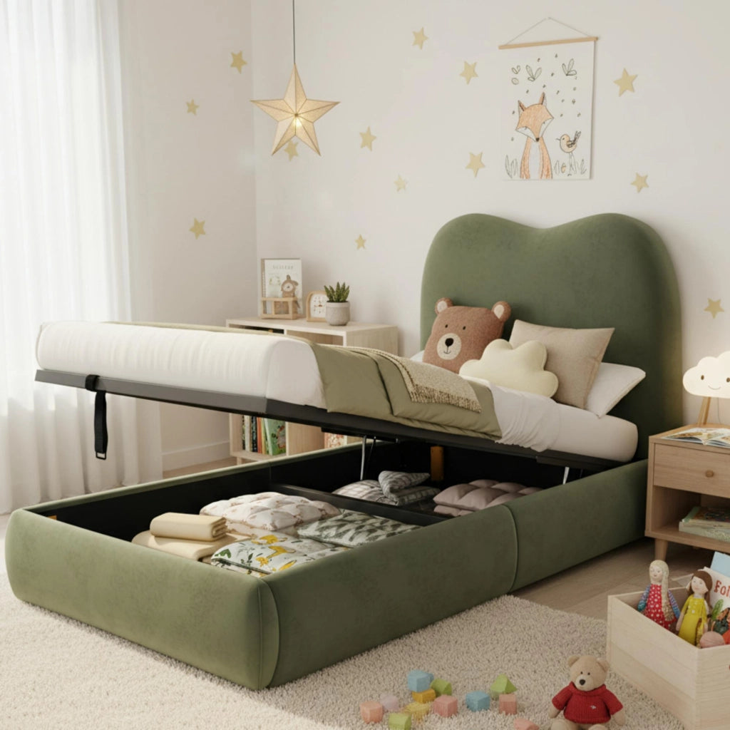 Letto per Bambini con Contenitore; Rete a Doghe; Schienale Imbottito; in Velluto; Verde