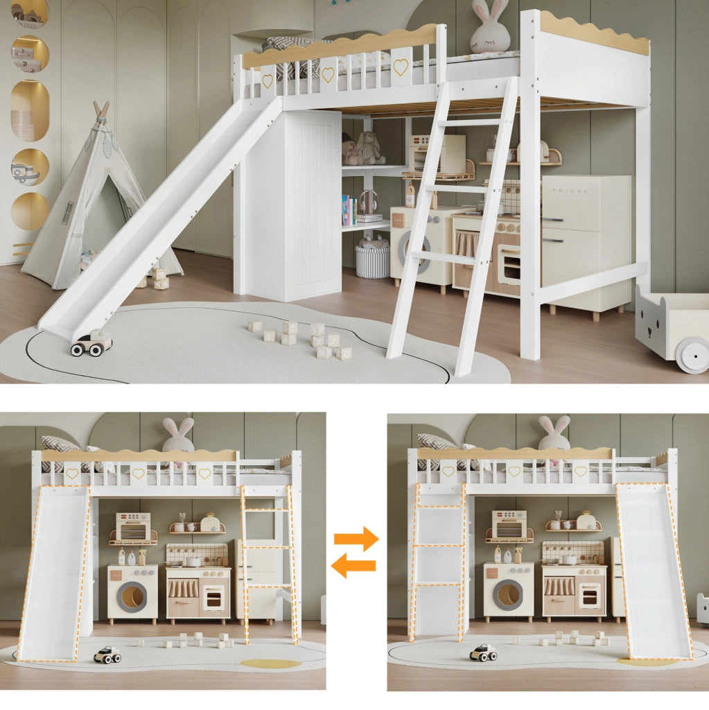Letto a soppalco bambini 90x200 cm con scivolo e armadi