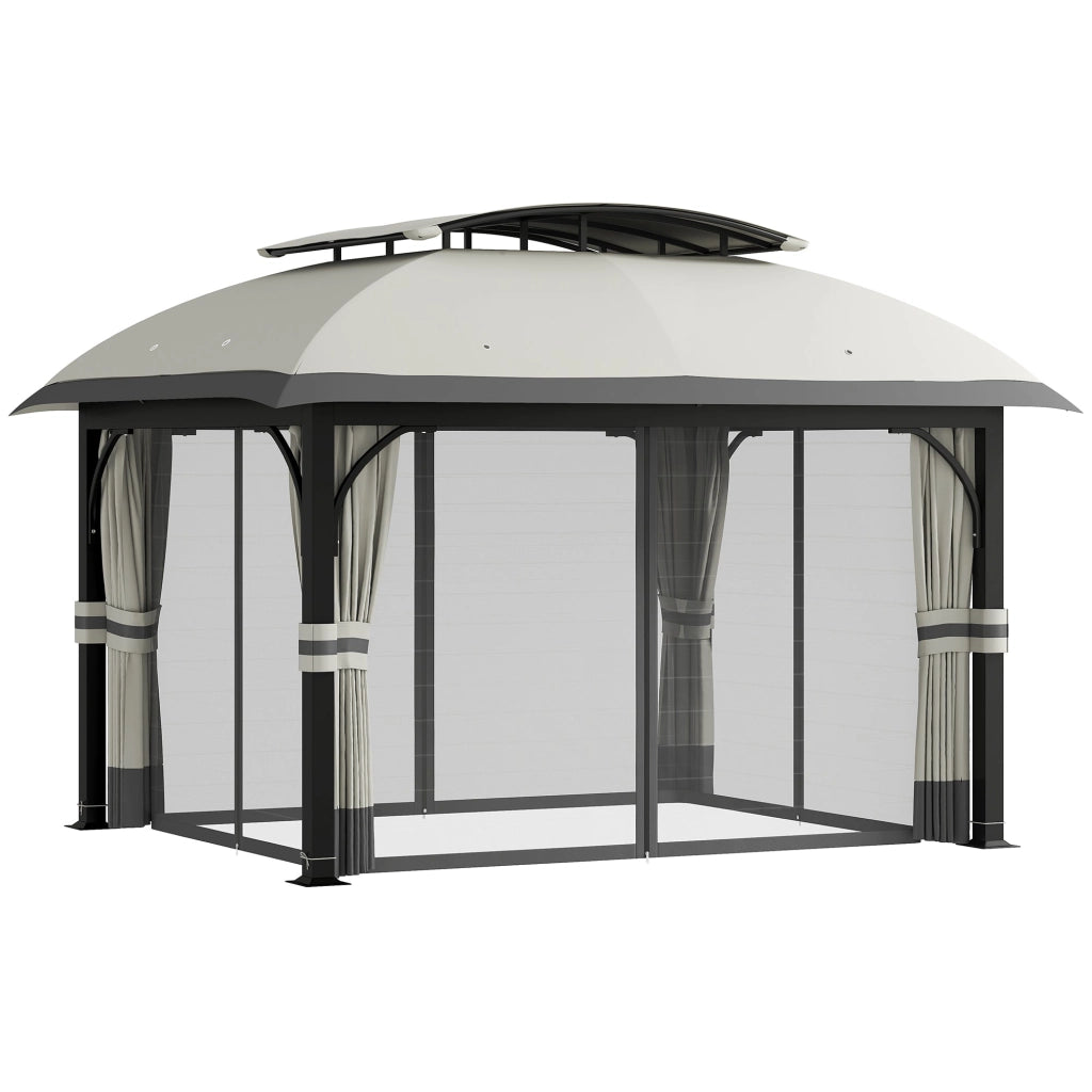 Gazebo da Giardino 395x330x294 cm con Zanzariere e Doppio Tetto in Metallo e Poliestere Grigio Chiaro