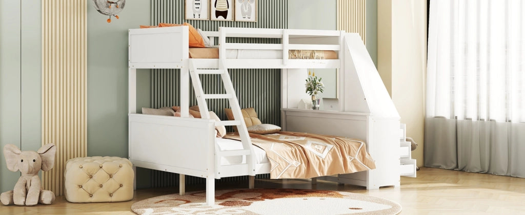 DESMIU Letto a castello bambini 90 × 200 cm e 140 × 200 cm con scrivania, contenimento, senza materasso, bianco