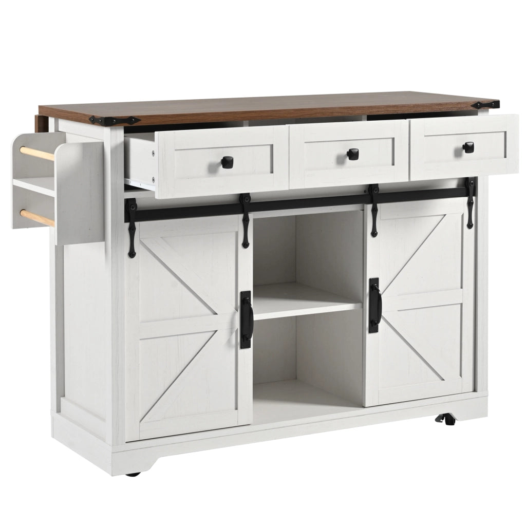 Isola da cucina con piano estraibile, 3 cassetti, ante scorrevoli e ruote, beige