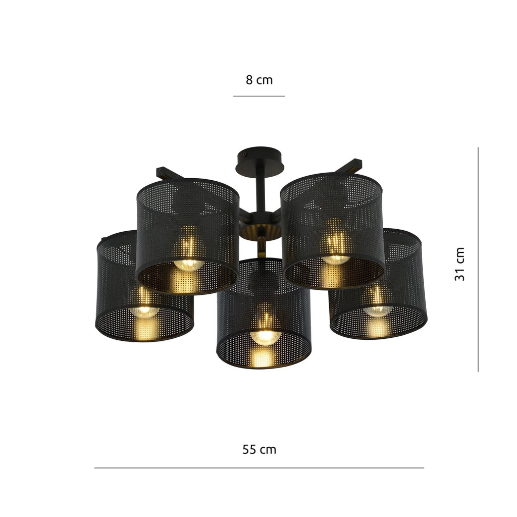 Plafoniera Industrial 5 Luci Cigno In Acciaio Nero E Paralumi A Cilindro