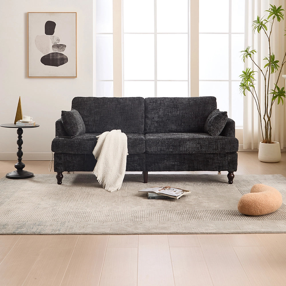 Divano moderno - Xylo - 2 posti in chenille con piedi legno, LED, USB e vano portaoggetti
